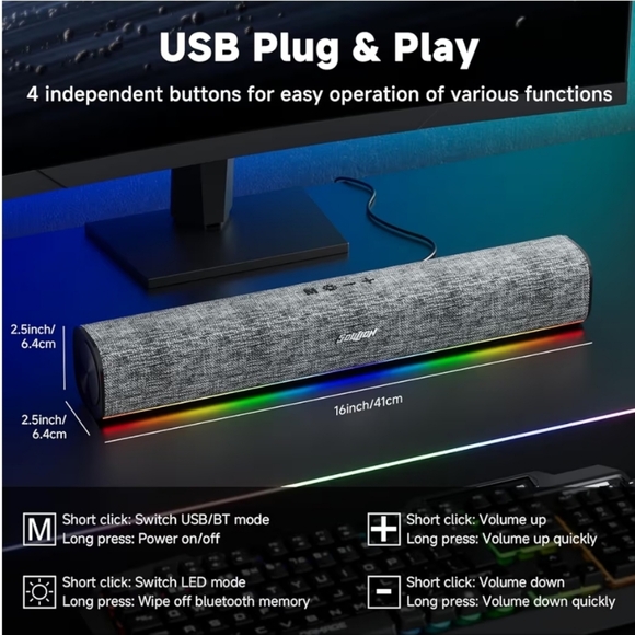 Computer Speaker Bar USB Bluetooth New - Picture 2 of 6